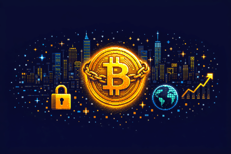 Glowing Bitcoin in the digital city